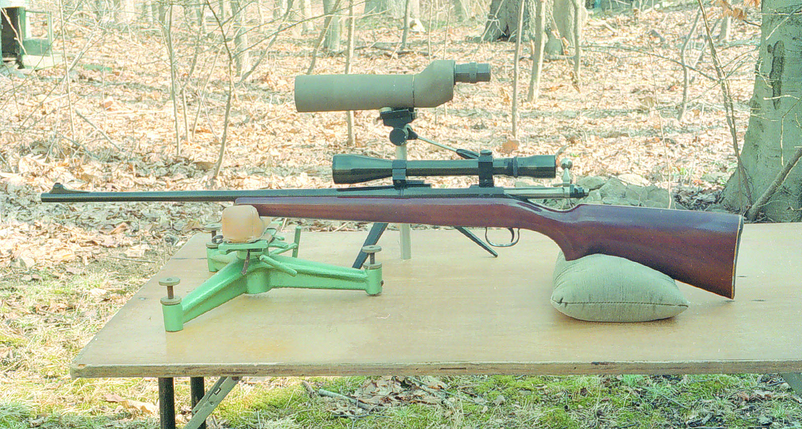 Waters’ Model 722 Remington .222 Magnum varmint rifle on the benchrest, bolt open and Weaver V-8 scope turned up to 8x is ready to make small groups.